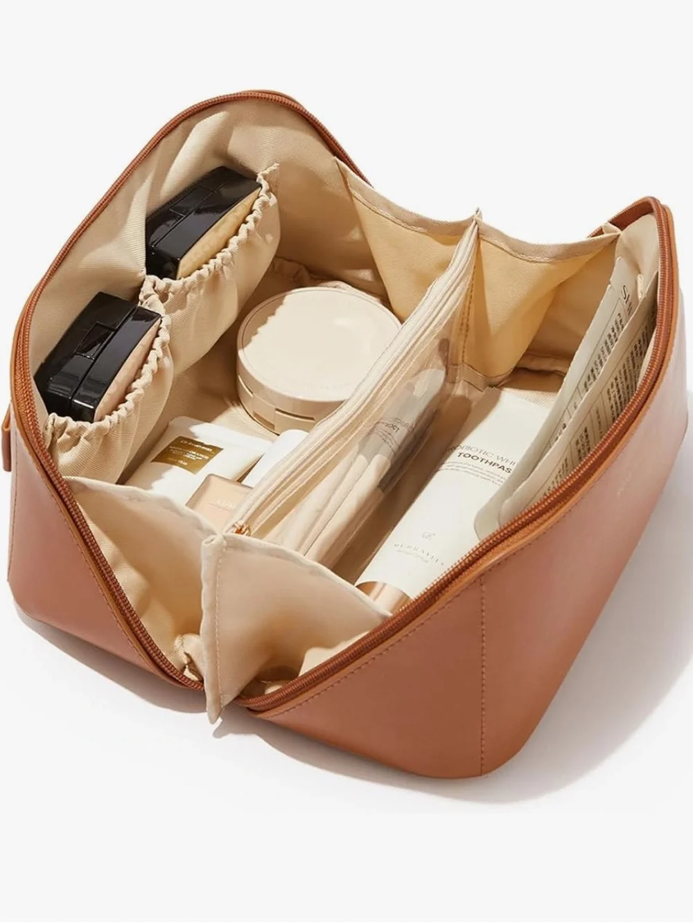 Makeup Bag, Waterproof PU Leather, Flat Open, Toiletry Bag, White Checkered